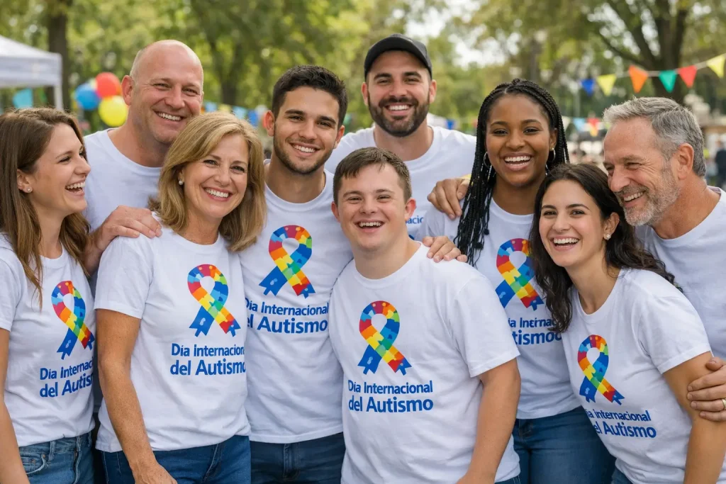 Grupo de personas con camisetas personalizadas en evento del Día Internacional del Autismo en Colombia